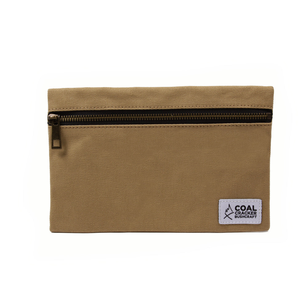 Tan canvas zipper pouch front view