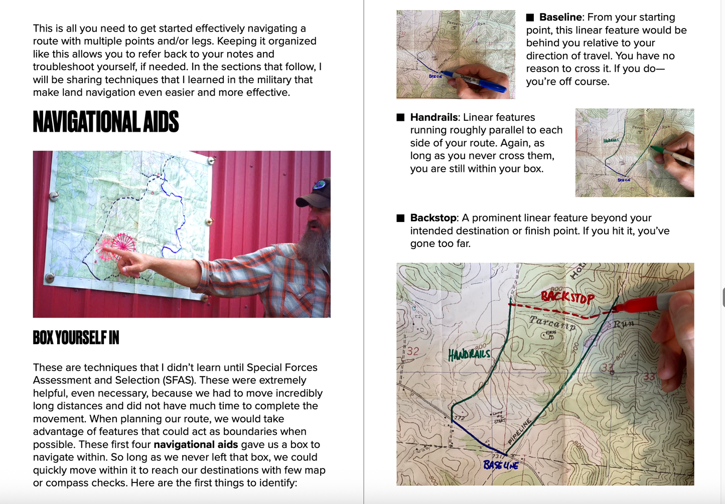 Page from a book or manual on navigation aids with text and images of people using maps.