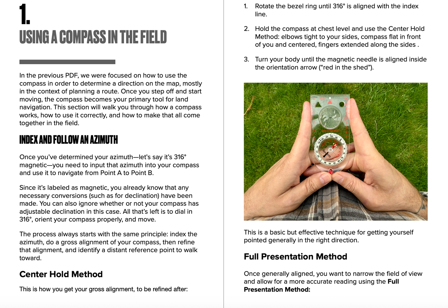 Instructional text on using a compass with an image of hands holding a compass.