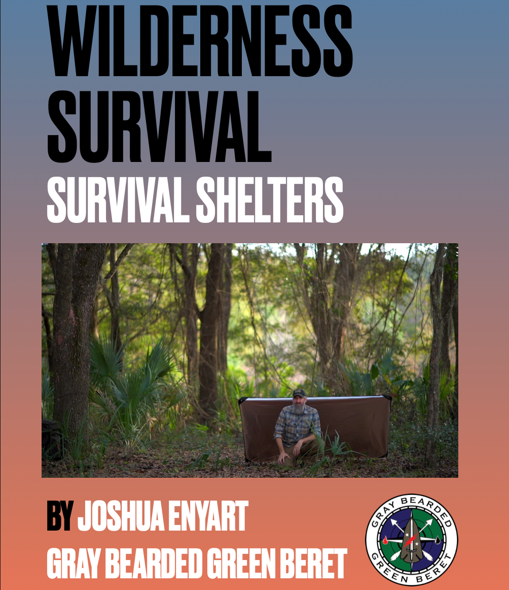Book cover of 'Wilderness Survival: Survival Shelters' by Joshua Enyart with a person in a forest setting.