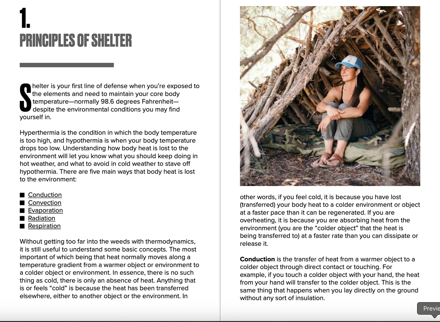 Book page with text on principles of shelter and an image of a person sitting inside a natural shelter.