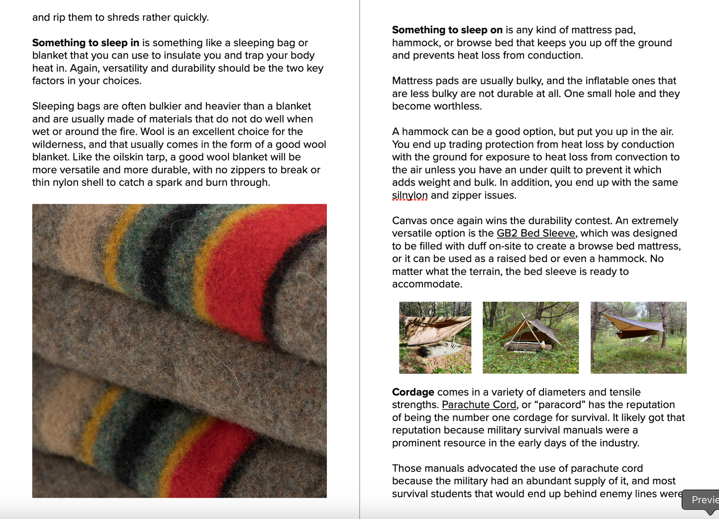 Text description of sleeping bags and hammocks with images on a white background