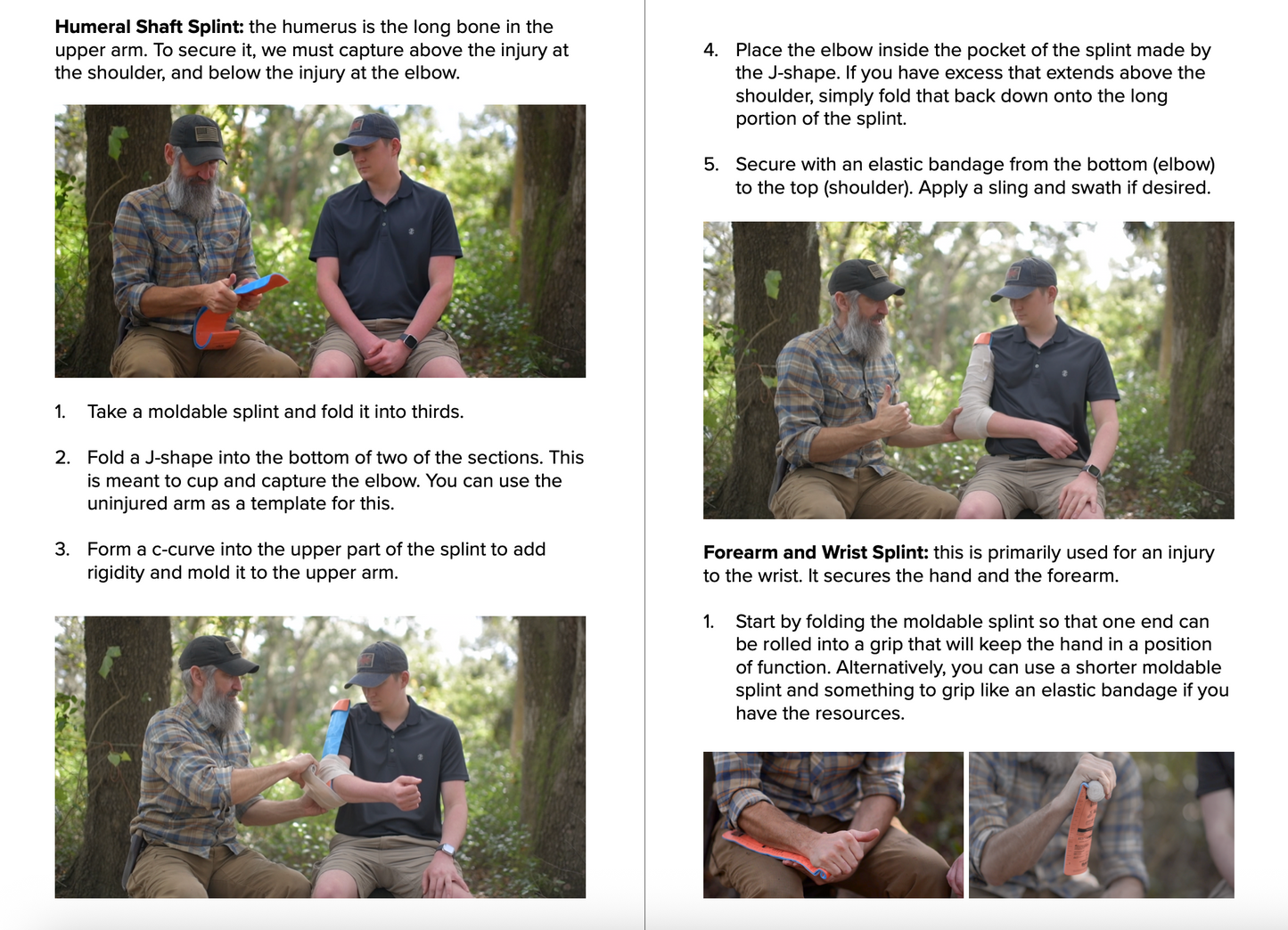 Instructions on using splints with images of people applying splints in a forest setting.