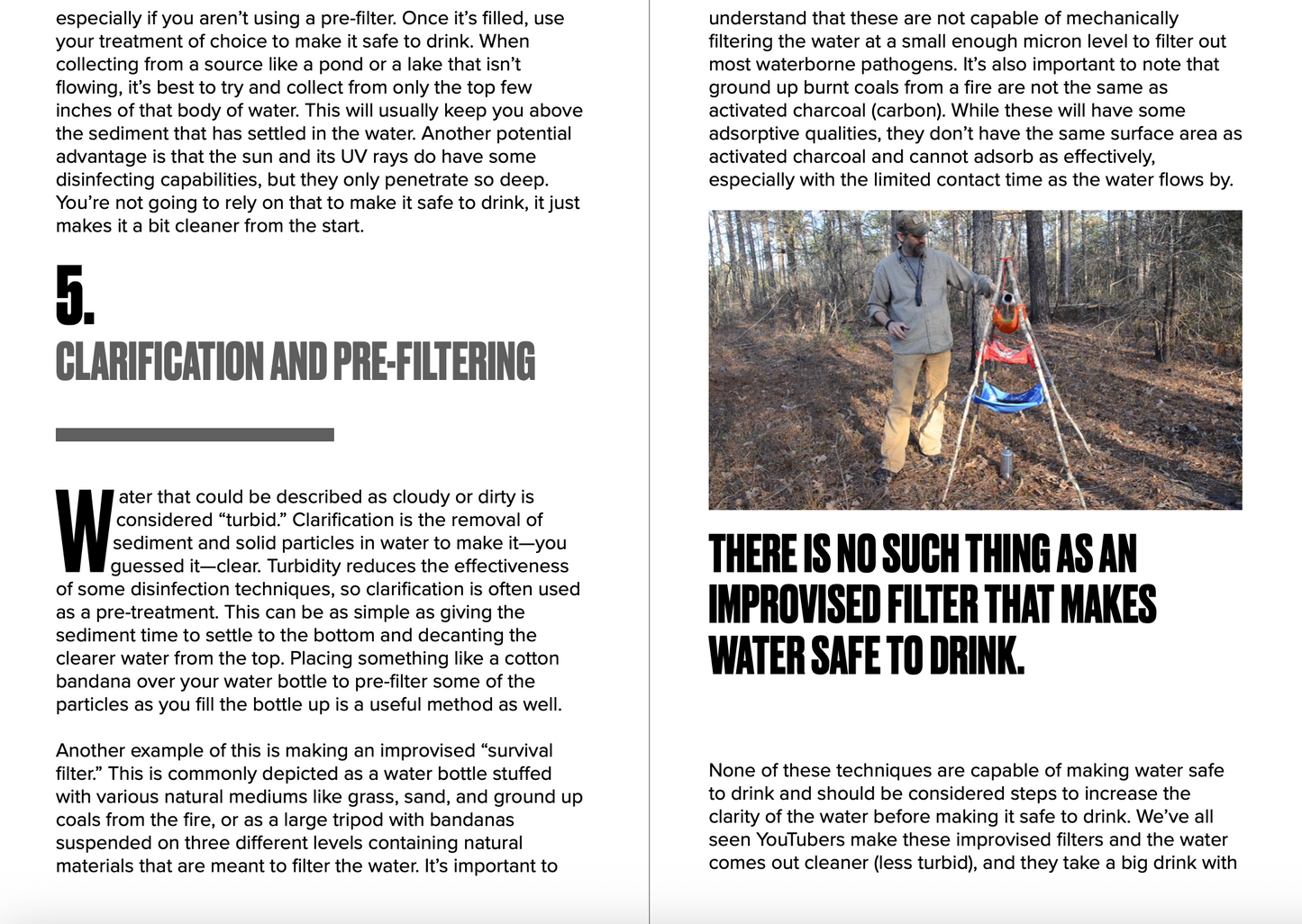 Page from a book or magazine about water clarification and pre-filtering with text and a photo of people by a stream.