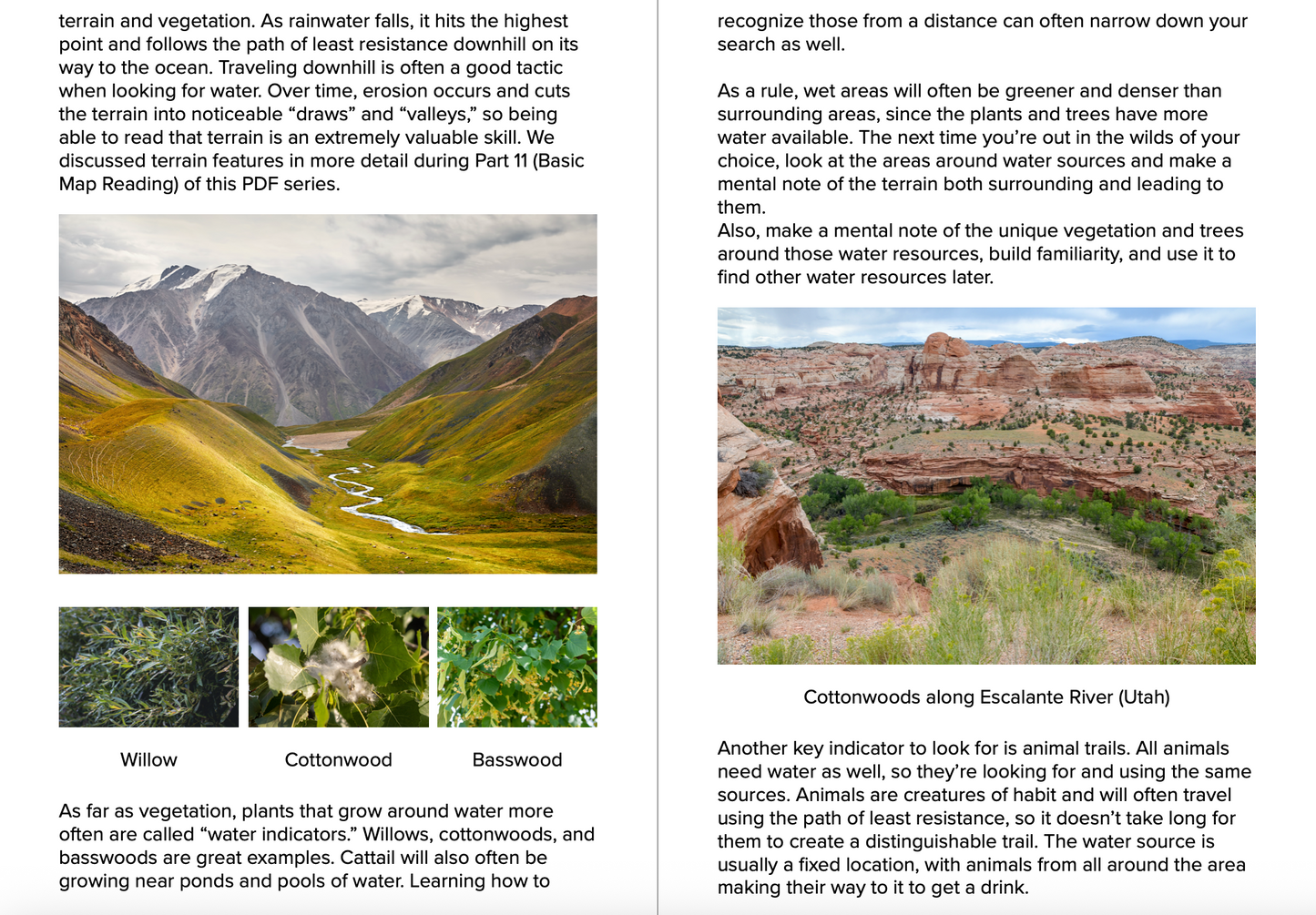 Page from a book or document about landscape features and water indicators, with images of greenery and desert landscapes.