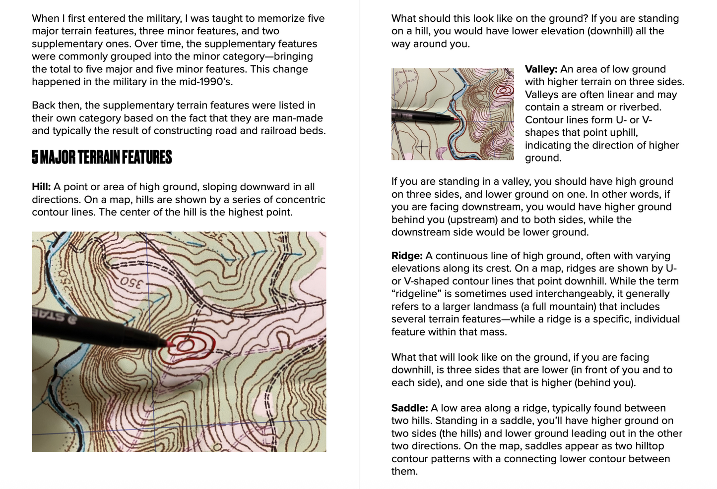 Text and map illustration explaining terrain features on a map