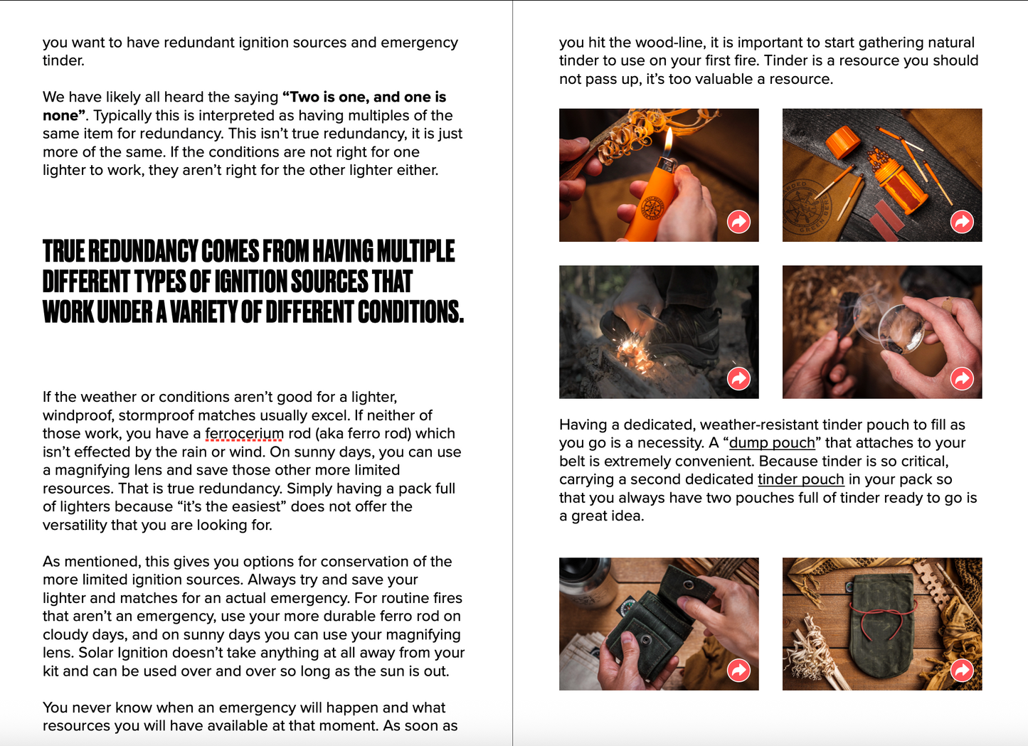 Text and images about redundancy in ignition sources and tinder usage with a focus on outdoor survival.