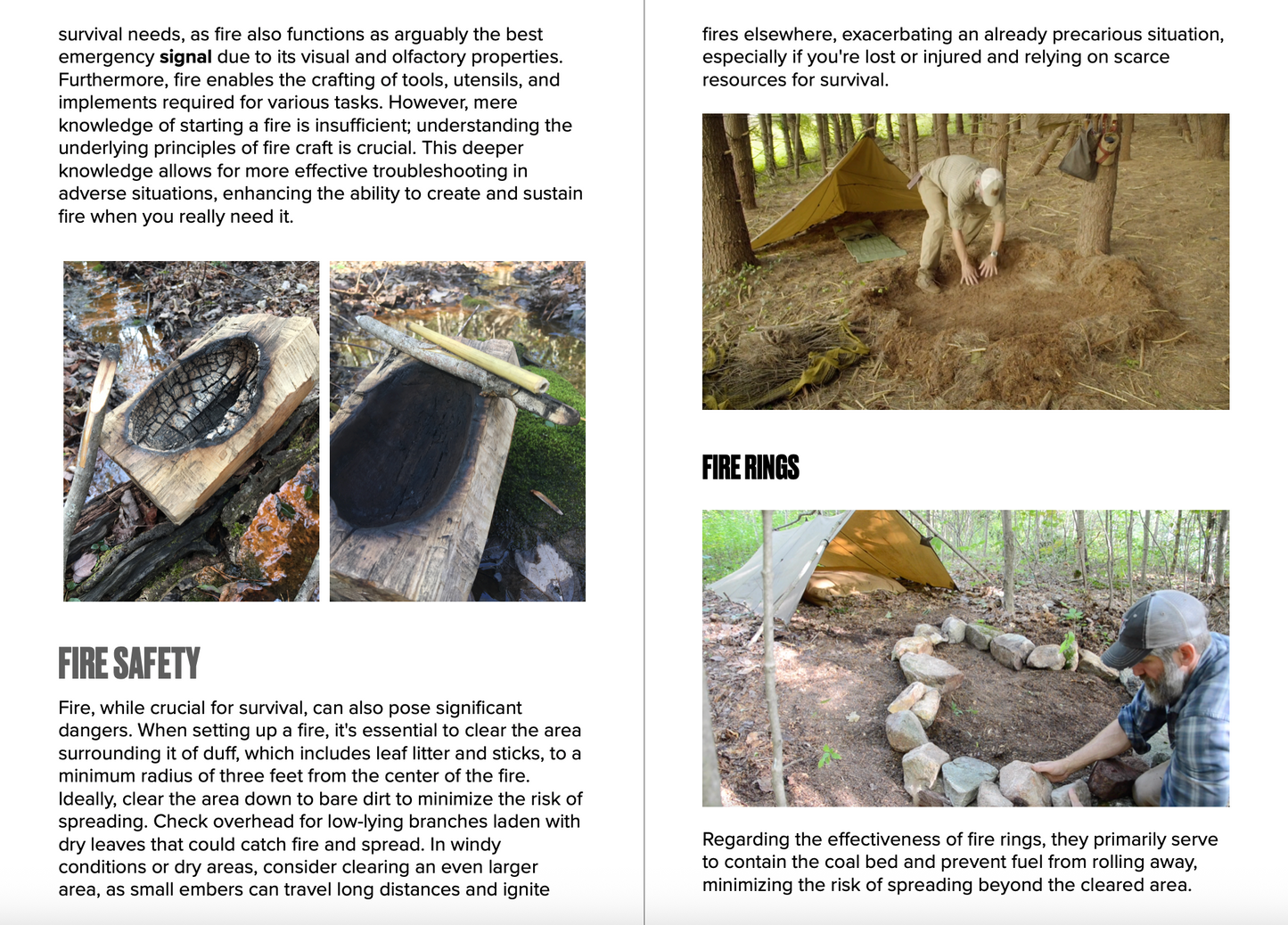 Page from a book or manual on fire safety and firecraft with text and images of fire rings and fire building.