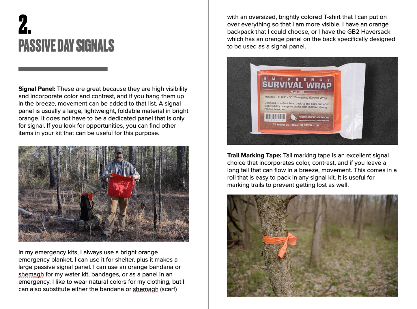 Page from a book or magazine about survival gear, featuring text and images of signal panels and tape.