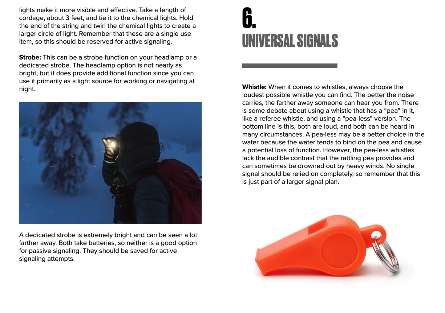 Page from a manual or guidebook with text and images of a person wearing a headlamp and a whistle.
