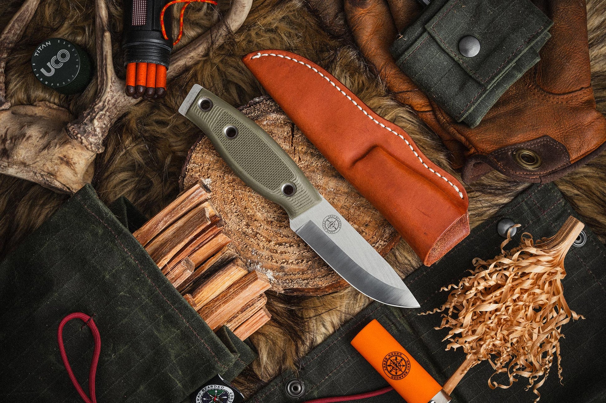 Gray Bearded Green Beret GB2 Jaeger Puukko - Full Tang Hunting Knife with Sheath Flat Lay