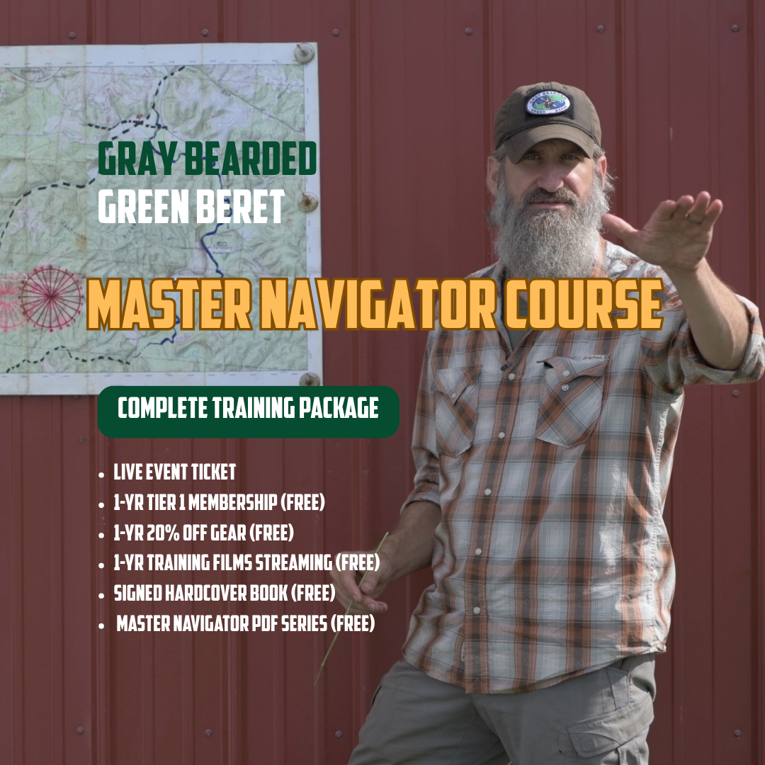 Master Navigator Map Reading and Land Navigation Course - Gray Bearded Green Beret Survival School, Man with a beard and cap in front of a red wall with promotional text for a 'Master Navigator Course'.