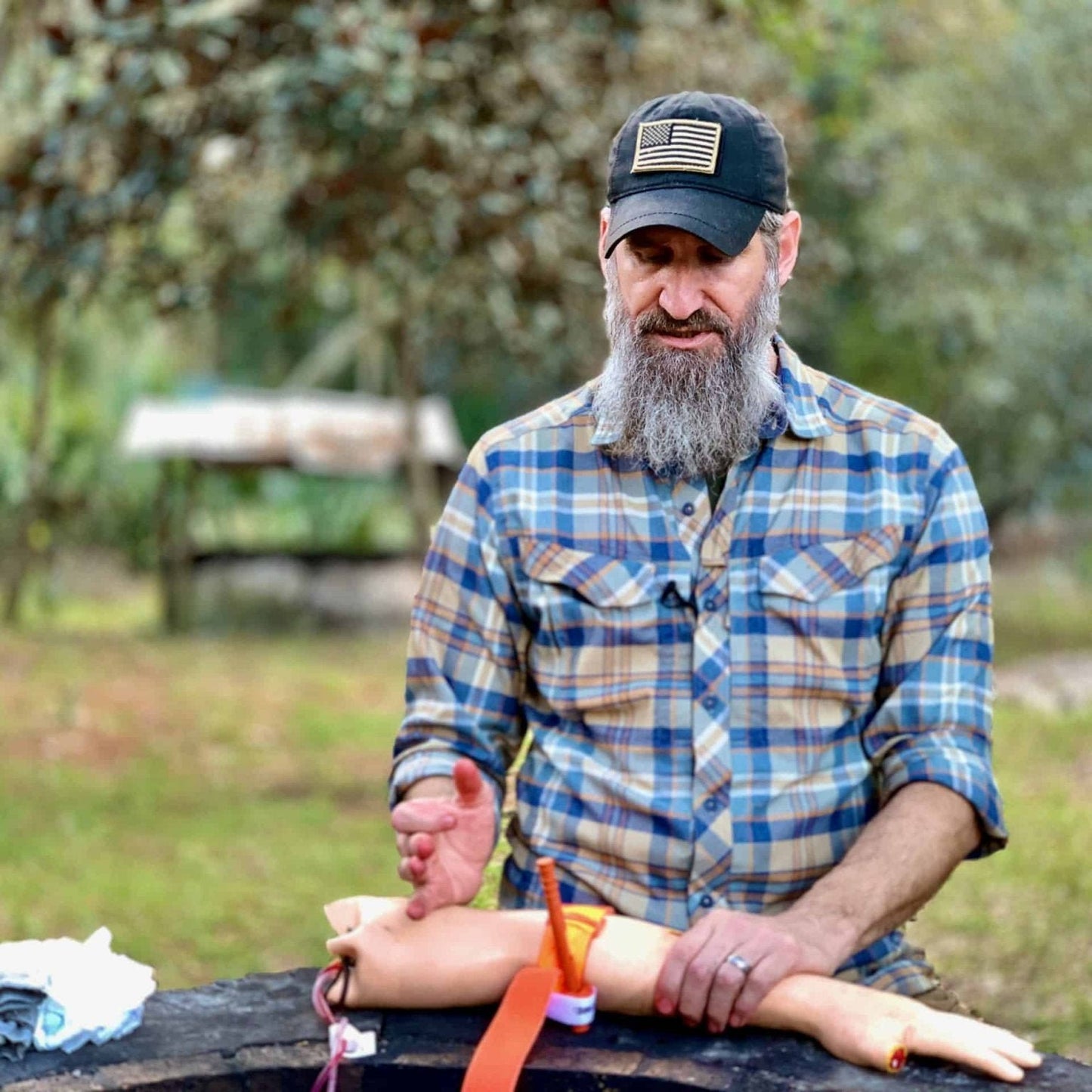 Wilderness Medical Course - Wilderness First Responder (WFR) Gray Bearded Green Beret Survival School Training Arm CAT Tourniquet Application