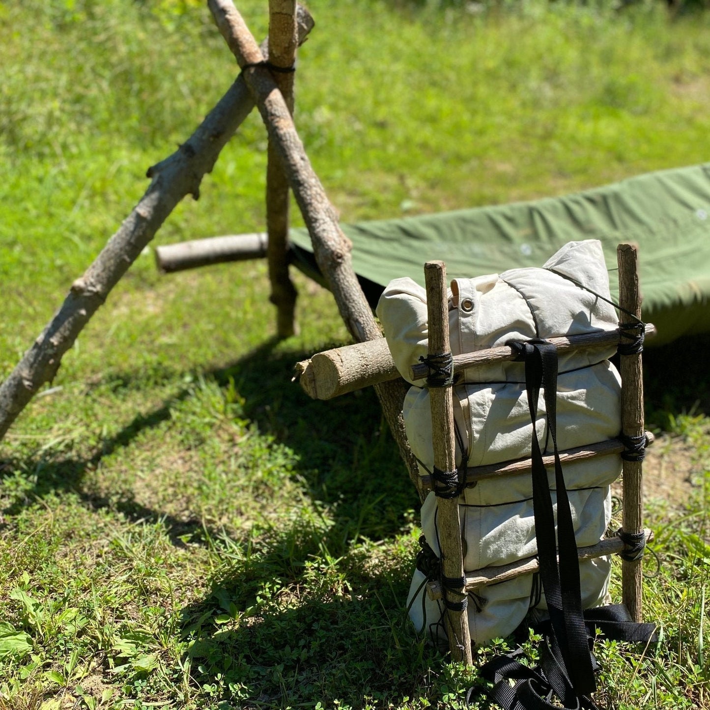 Wilderness Survival Training and Certification Program - Gray Bearded Green Beret Survival School Tripod Raised Bed and Bed Sleeve Ladder Pack Frame Blanket Pack Bundle