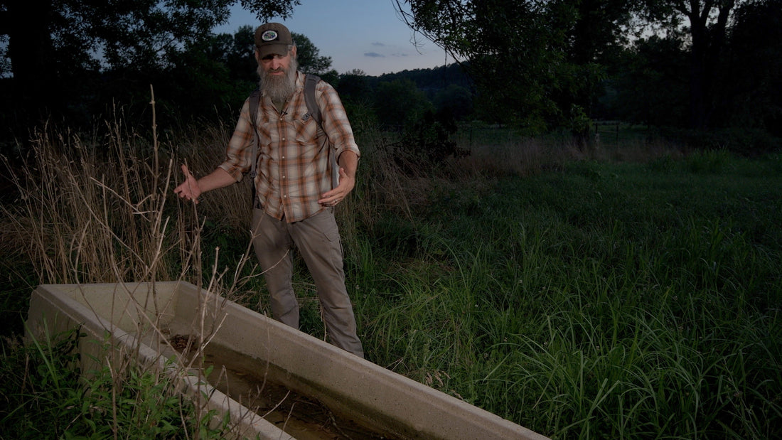 Joshua Enyart stands at the edge of a grassy creek at dusk, approaching a water source for bug out resupply.
