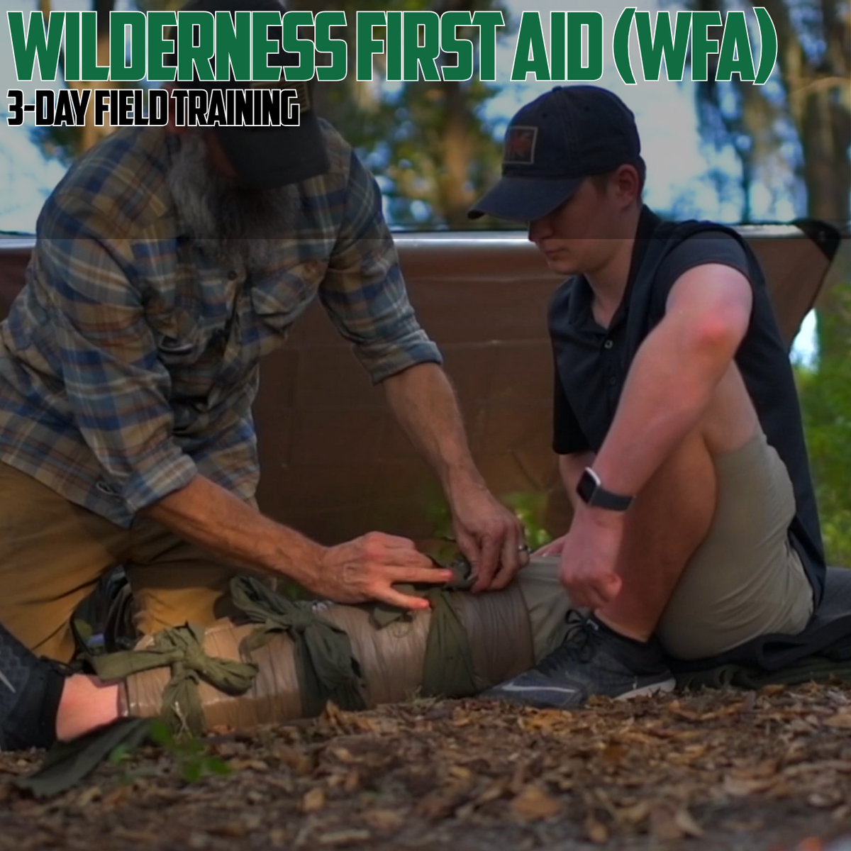 Two people outdoors demonstrating first aid on a person's leg, with large text at the top reading 'WILDERNESS FIRST AID (WFA)' and '3-DAY FIELD TRAINING'.