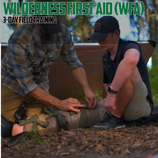 Two people outdoors demonstrating first aid on a person's leg, with large text at the top reading 'WILDERNESS FIRST AID (WFA)' and '3-DAY FIELD TRAINING'.
