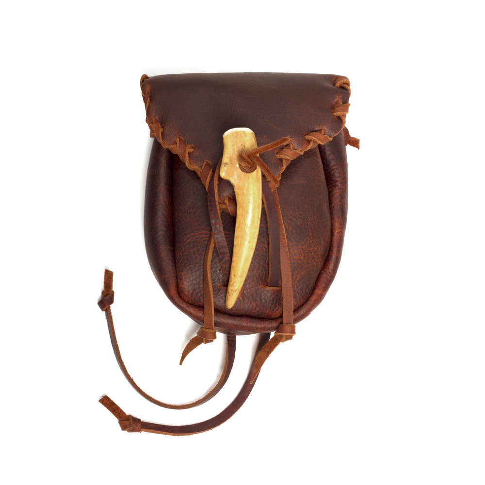 Leather pouch with white background and antler fastener closed front view