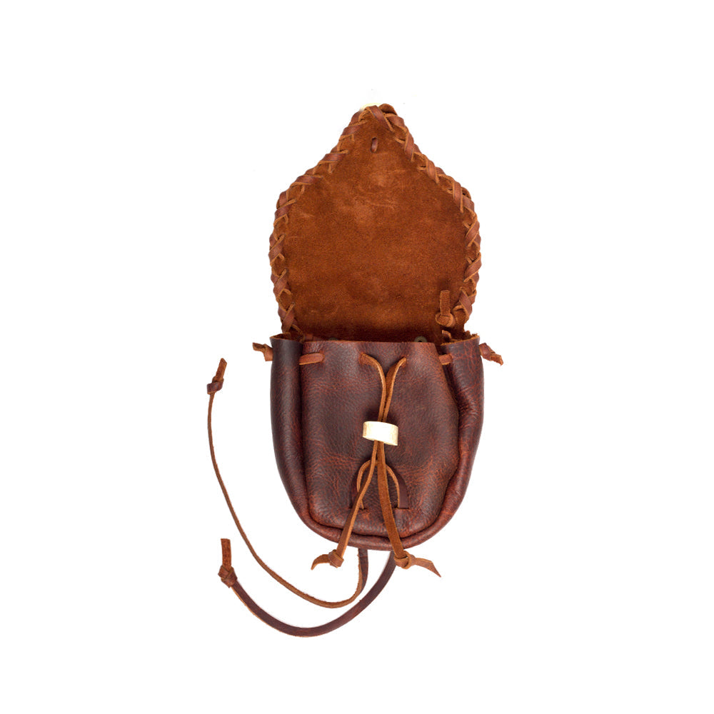 Leather pouch with white background and antler fastener open front view
