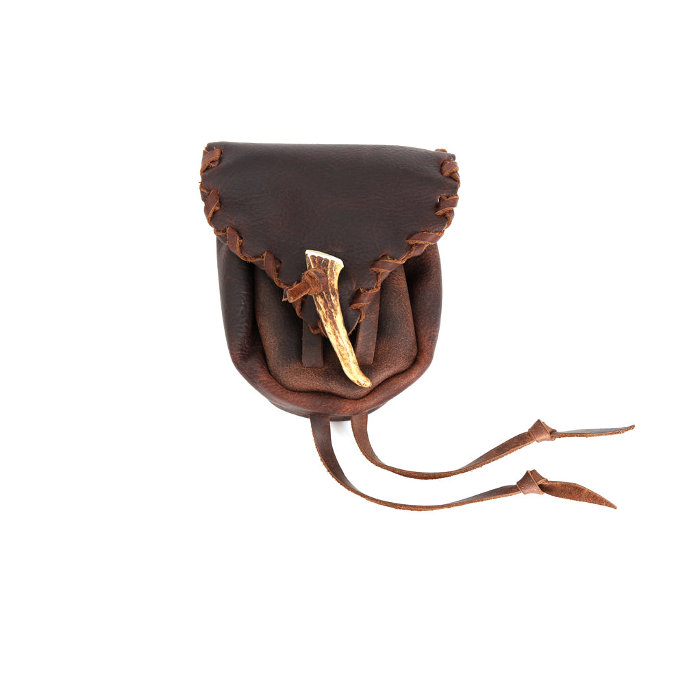 Leather pouch with white background and antler fastener closed 1