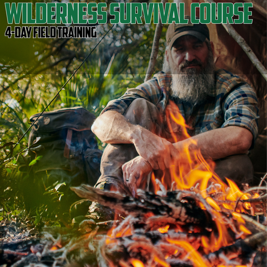 A bearded man in a plaid shirt and cap sits by a campfire outdoors, with large text reading 'WILDERNESS SURVIVAL COURSE' and '4-DAY FIELD TRAINING' across the top.
