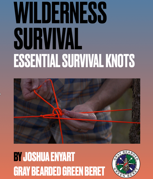 Book cover of 'Wilderness Survival: Essential Survival Knots' by Joshua Enyart with a person tying a knot.