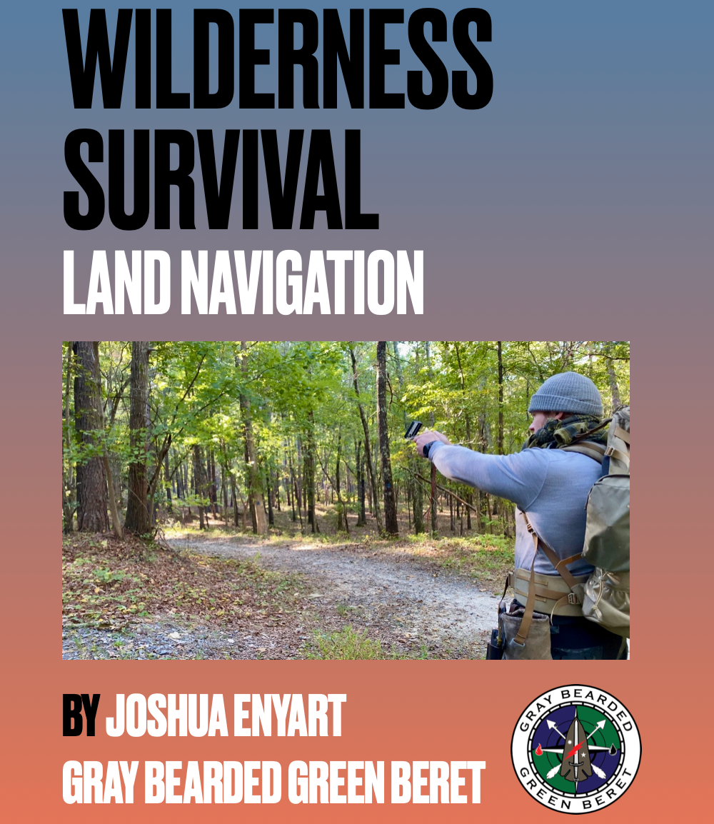 Book cover of 'Wilderness Survival Land Navigation' with a person in a forest and the title text.