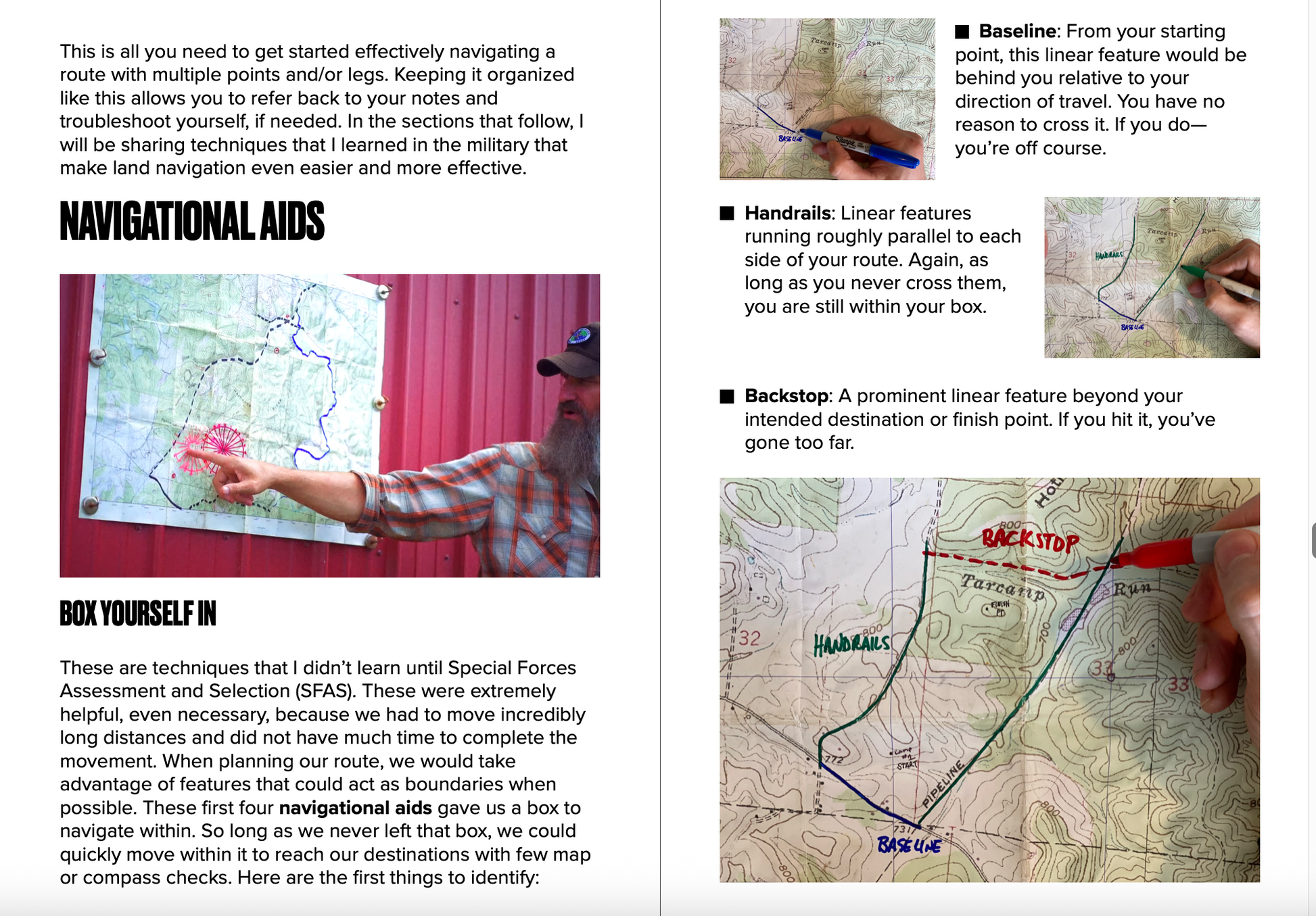 Page from a book or manual on navigation aids with text and images of people using maps.