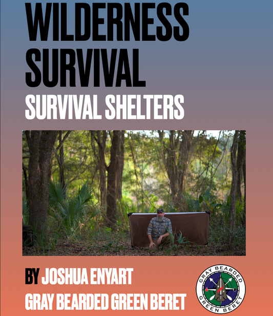 Book cover of 'Wilderness Survival: Survival Shelters' by Joshua Enyart with a person in a forest setting.