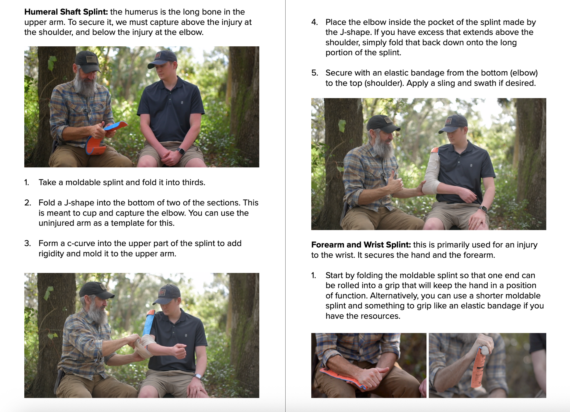 Instructions on using splints with images of people applying splints in a forest setting.