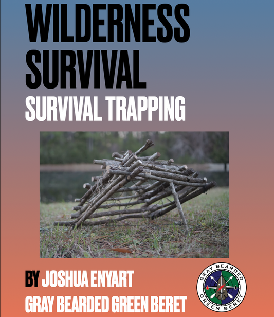 Book cover of 'Wilderness Survival: Survival Trapping' by Joshua Enyart with a stack of sticks and forest background.