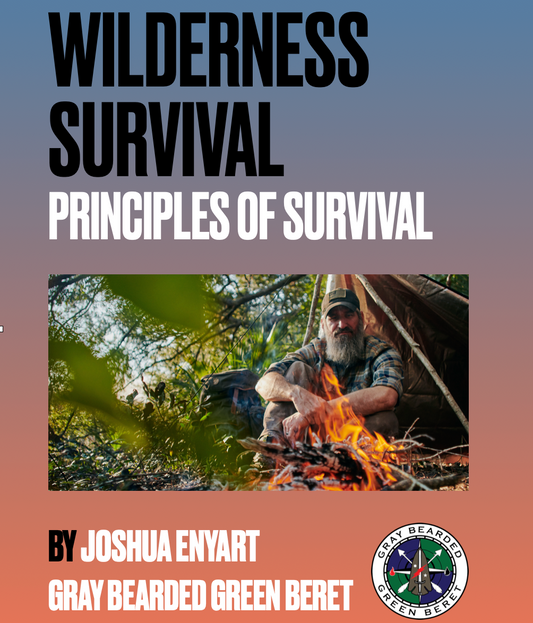 Book cover of 'Wilderness Survival Principles of Survival' by Joshua Enyart with a person by a campfire.
