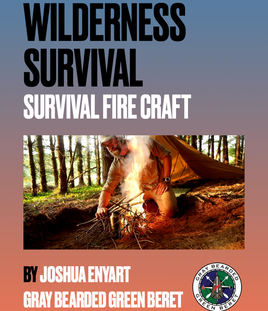 Book cover of 'Wilderness Survival: Survival Fire Craft' by Joshua Enyart with a person building a fire in the woods.