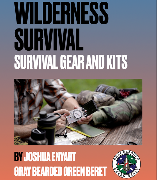 Book cover of 'Wilderness Survival: Survival Gear and Kits' by Joshua Enyart with a person handling gear on a wooden surface.