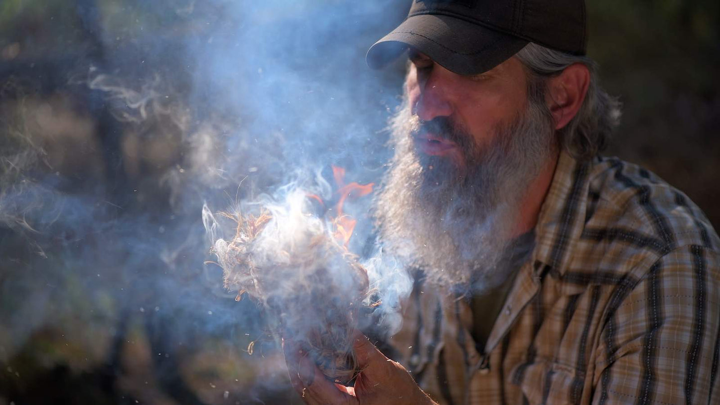Bushcraft Course — Gray Bearded Green Beret Joshua Enyart Bow Drill Tinder Bundle Flame Primitive Fire