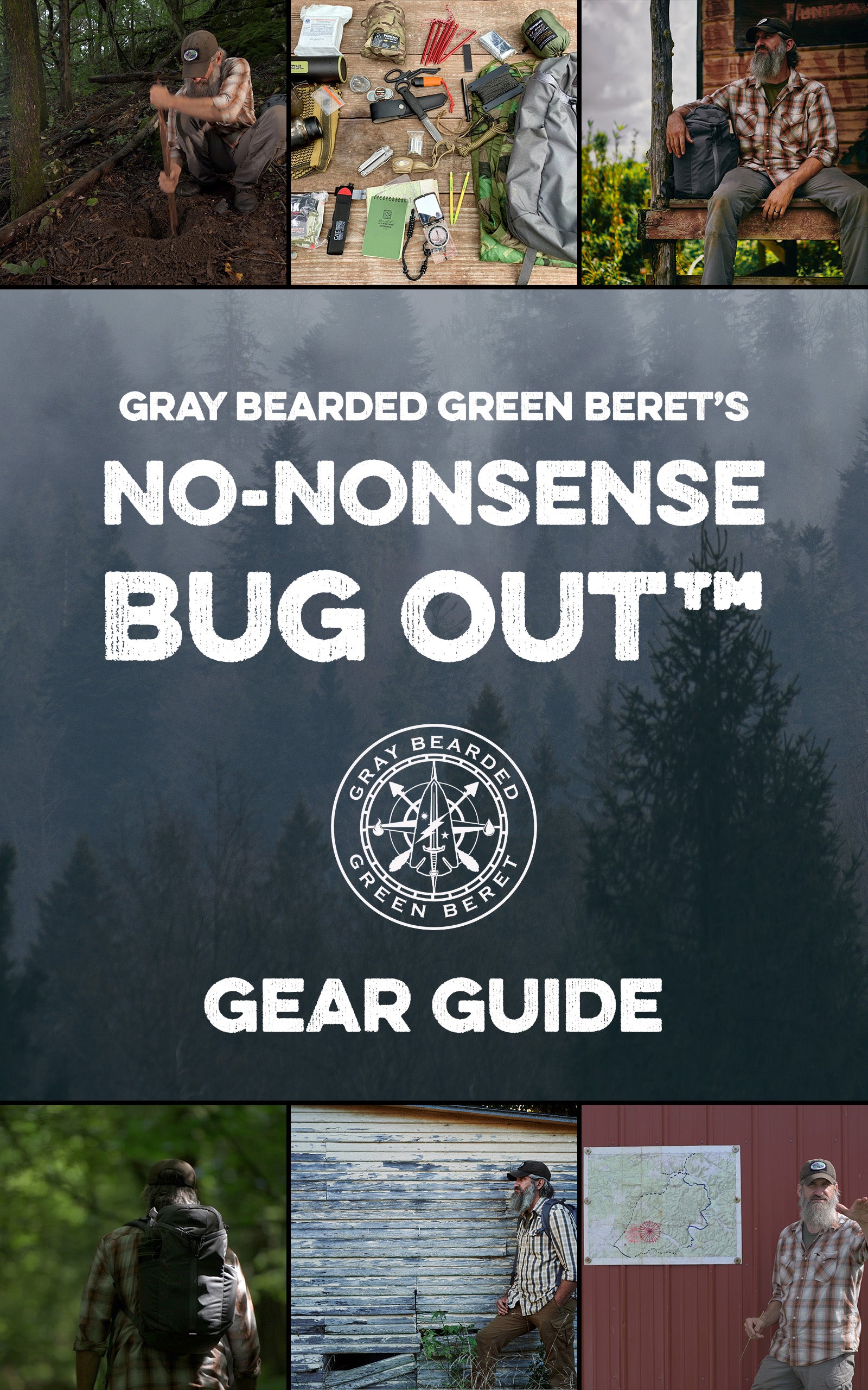 Collage of images with text 'Gray Bearded Green Beret's No-Nonsense Bug Out Gear Guide' on a dark background.