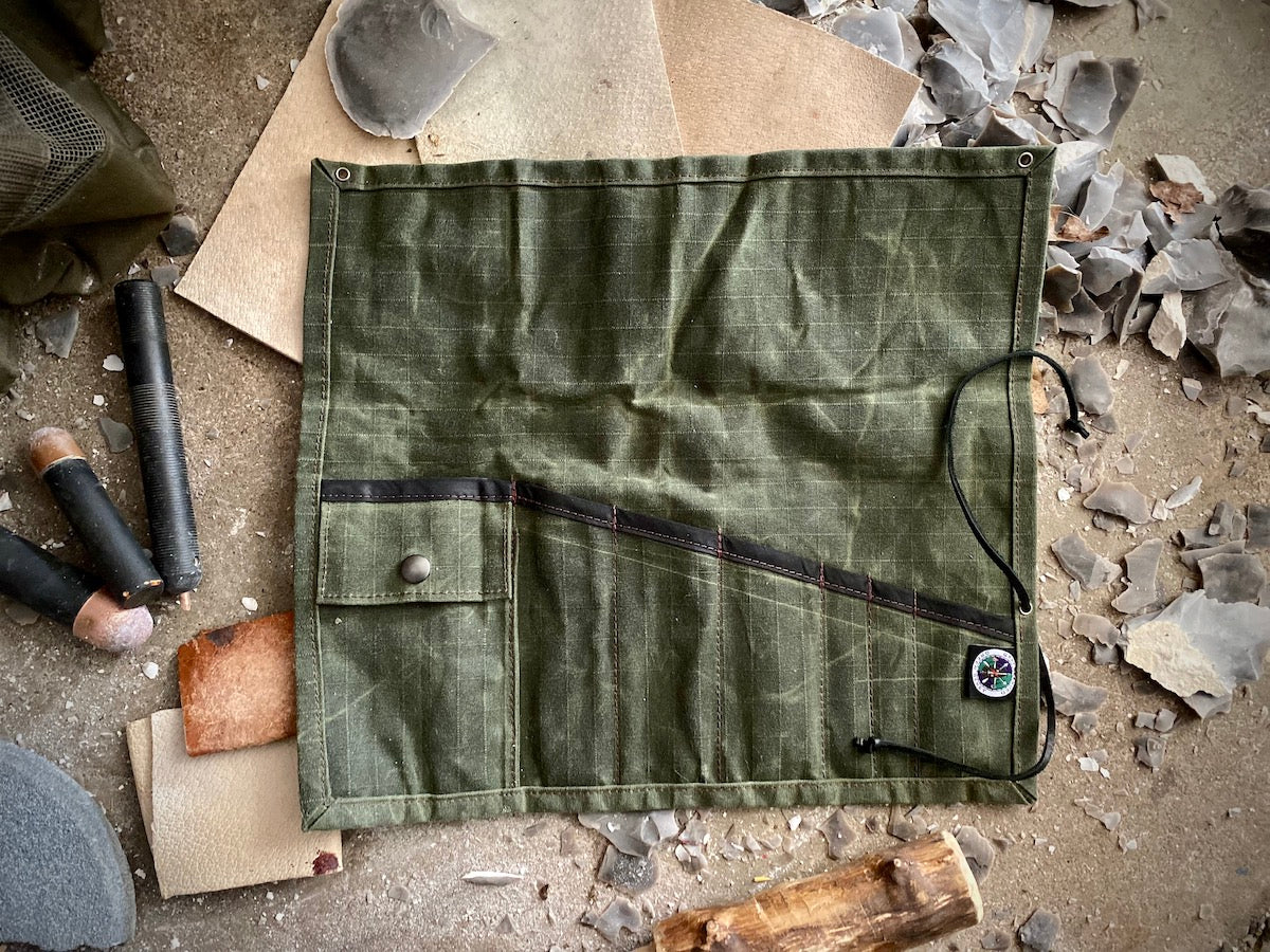 GB2 Waxed Canvas Bushcraft Knife and Tool Roll opened up to show pocket and slots