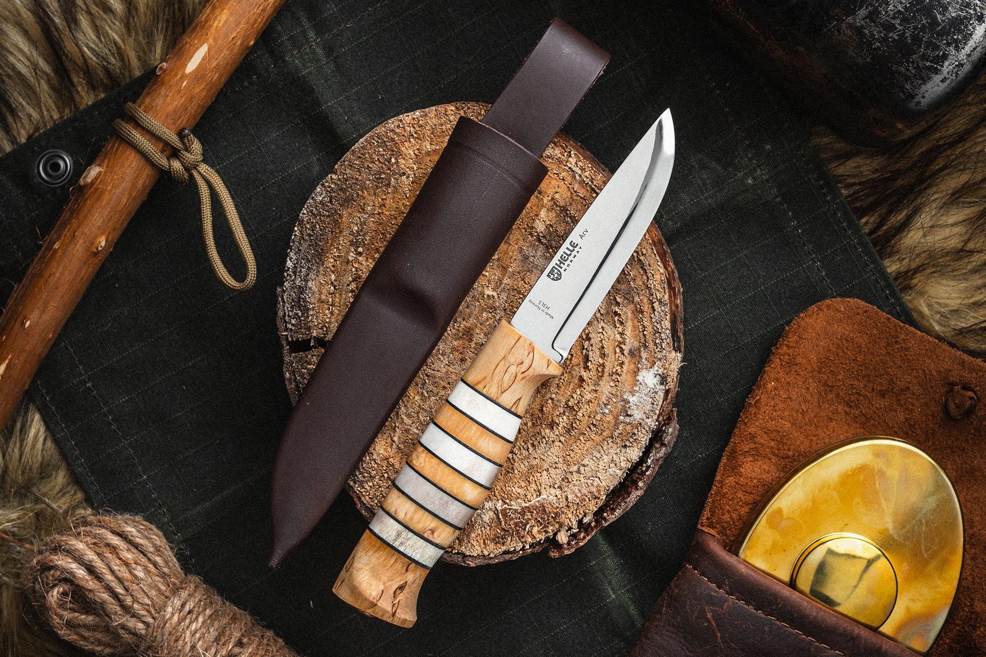 Helle Arv Fixed Blade Knife with sheath flat lay