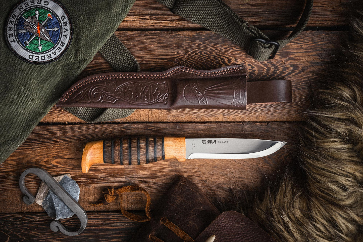 Helle Sigmund Fixed Blade Knife with sheath flat lay