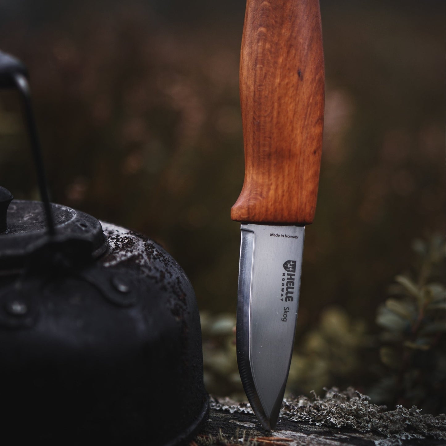 Helle Skog Fixed Blade Carving Knife in stump