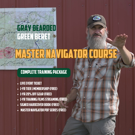 Master Navigator Map Reading and Land Navigation Course - Gray Bearded Green Beret Survival School, Man with a beard and cap in front of a red wall with promotional text for a 'Master Navigator Course'.