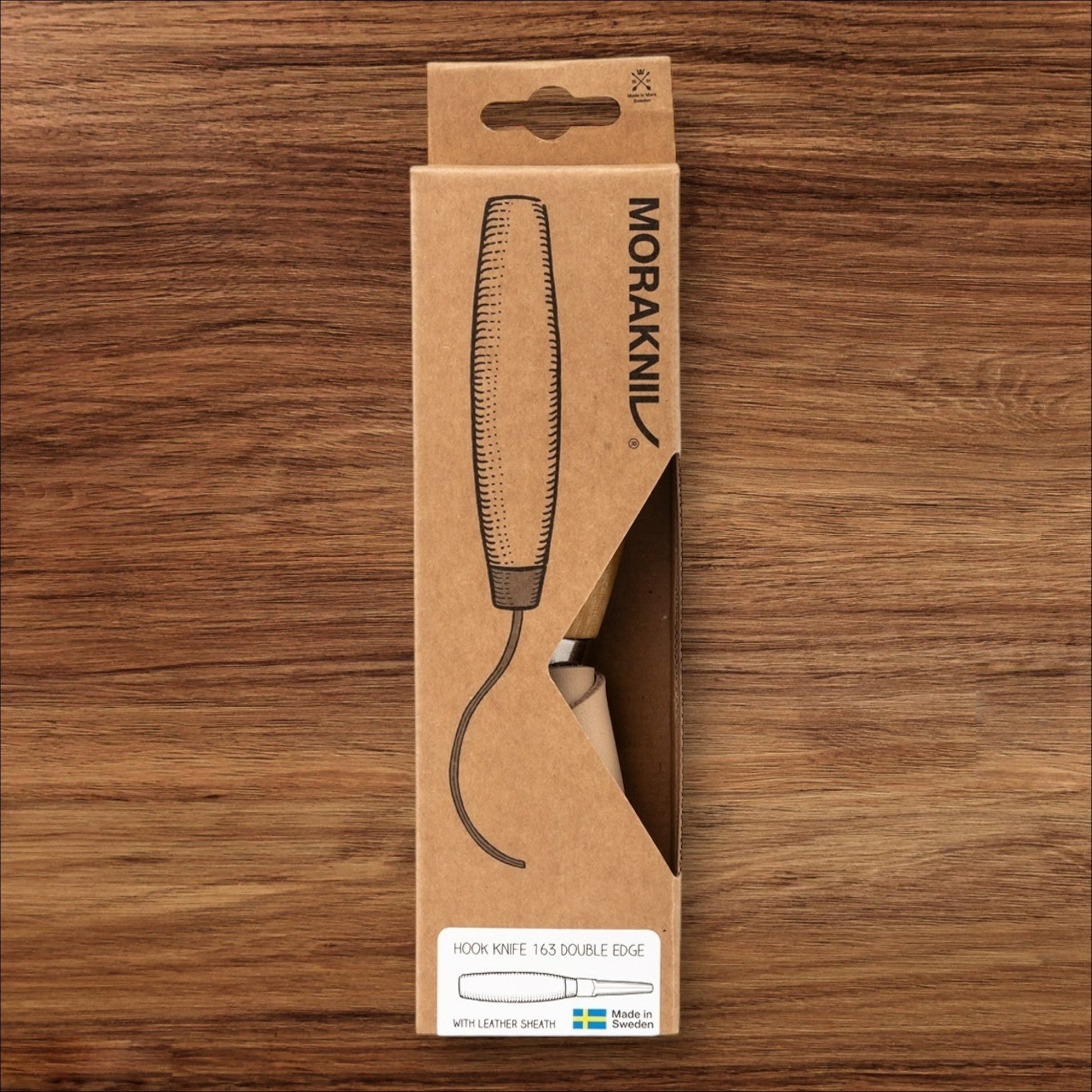 Mora 163 Hook Knife Double Edge Carver with Leather Sheath: Precision for Larger Radius Carving in box