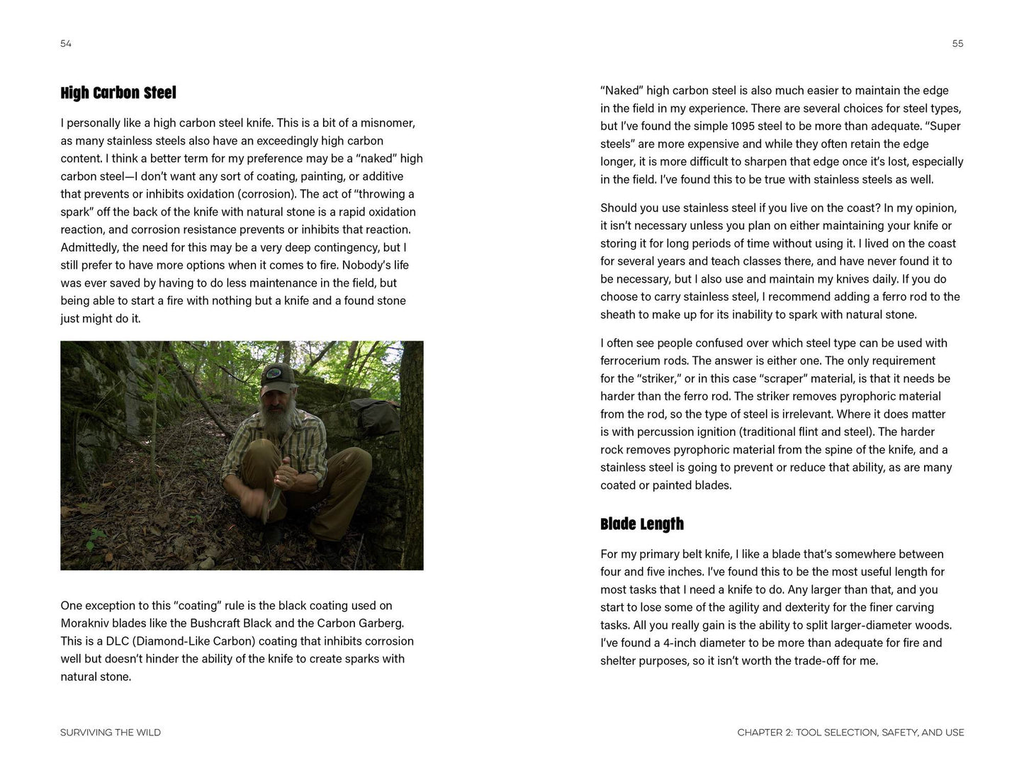 Surviving the Wild interior spread — Joshua Enyart in the field, tool selection and high carbon steel knife guidance pages 54–55