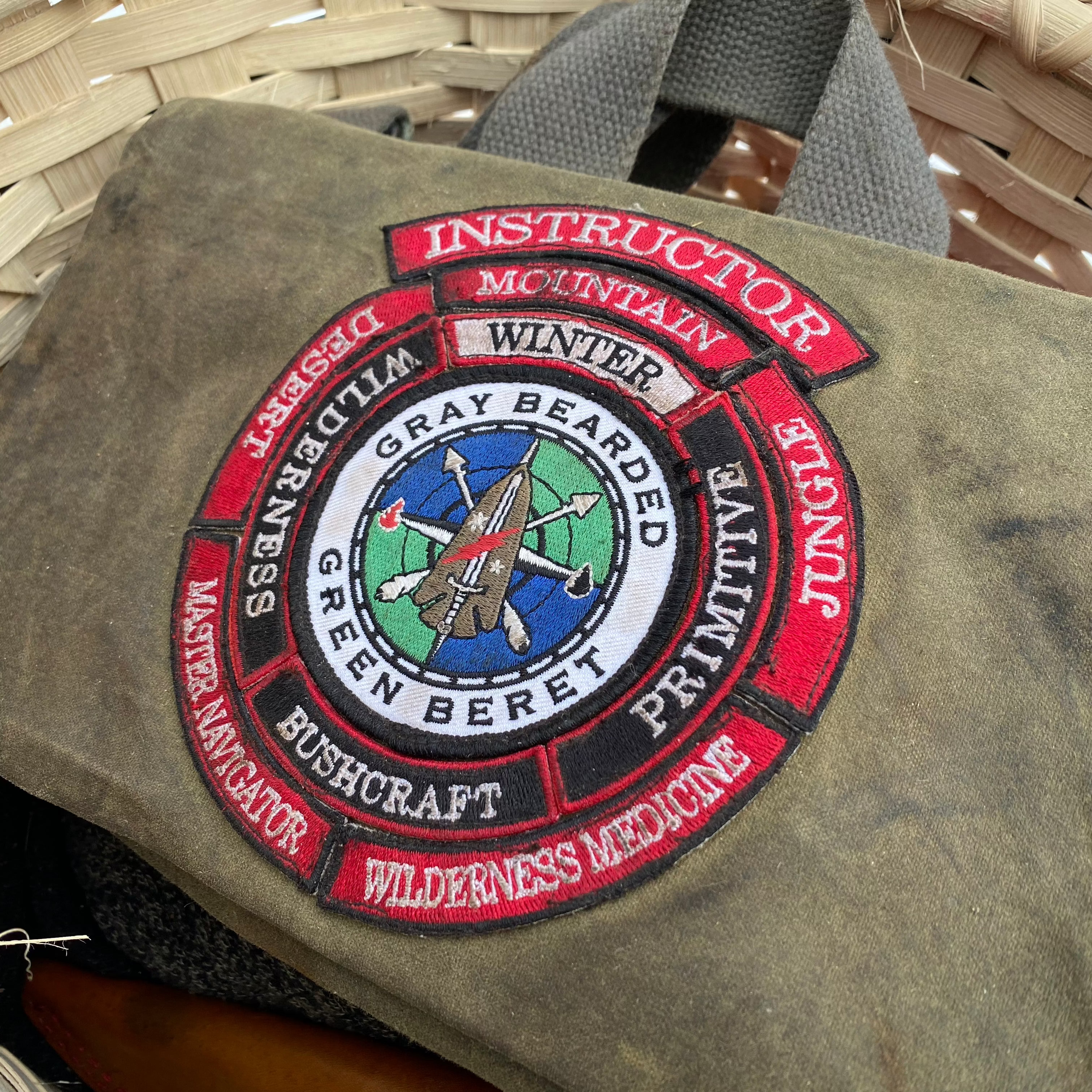 Survival Instructor Training and Certification Program - Gray Bearded Green Beret Survival School Official Patches on Waxed Canvas Haversack