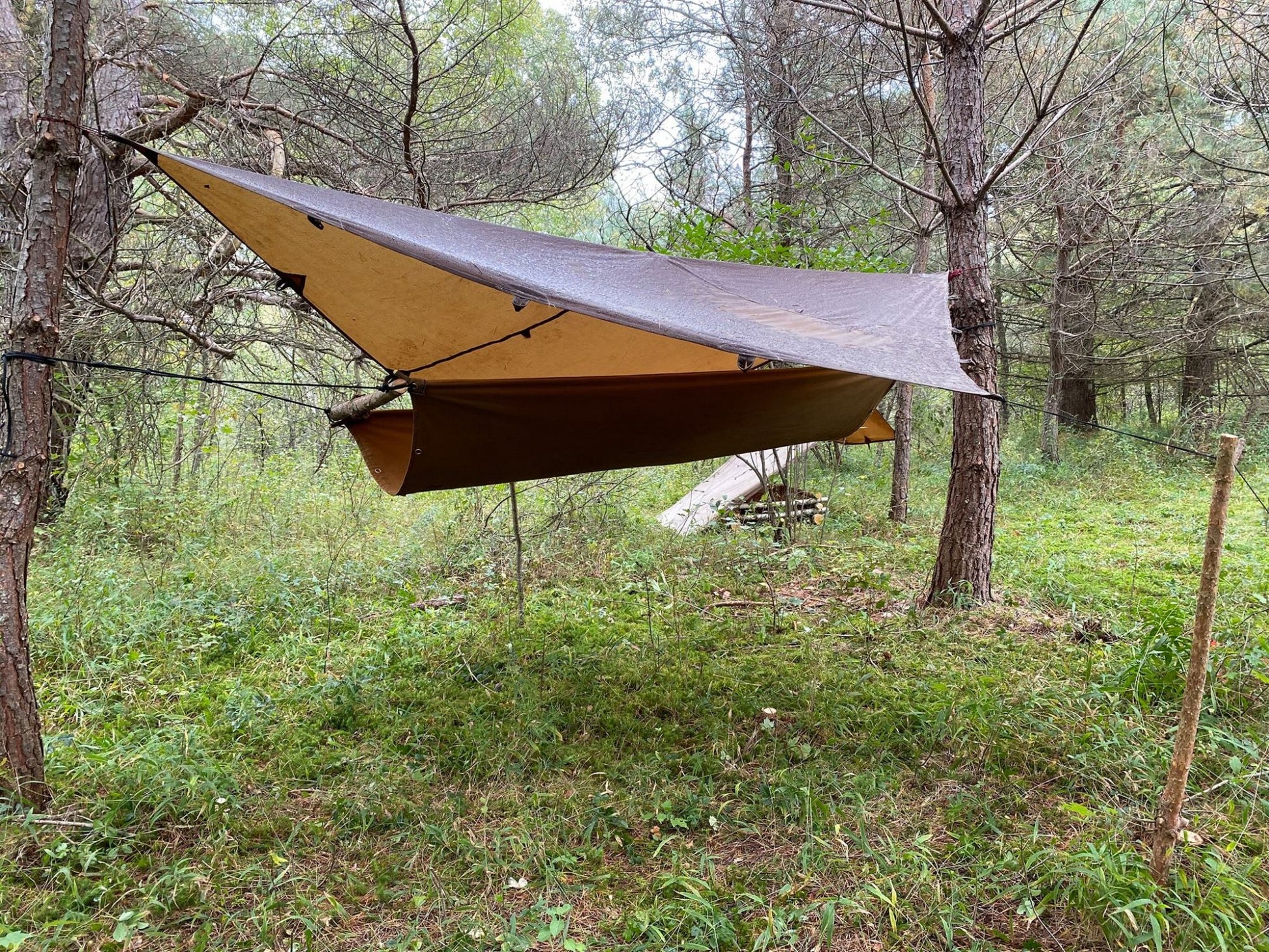 Tentsmiths Oilskin Tarp with Reinforced Center Loop Diamond Fly Tarp Configuration over Hammock