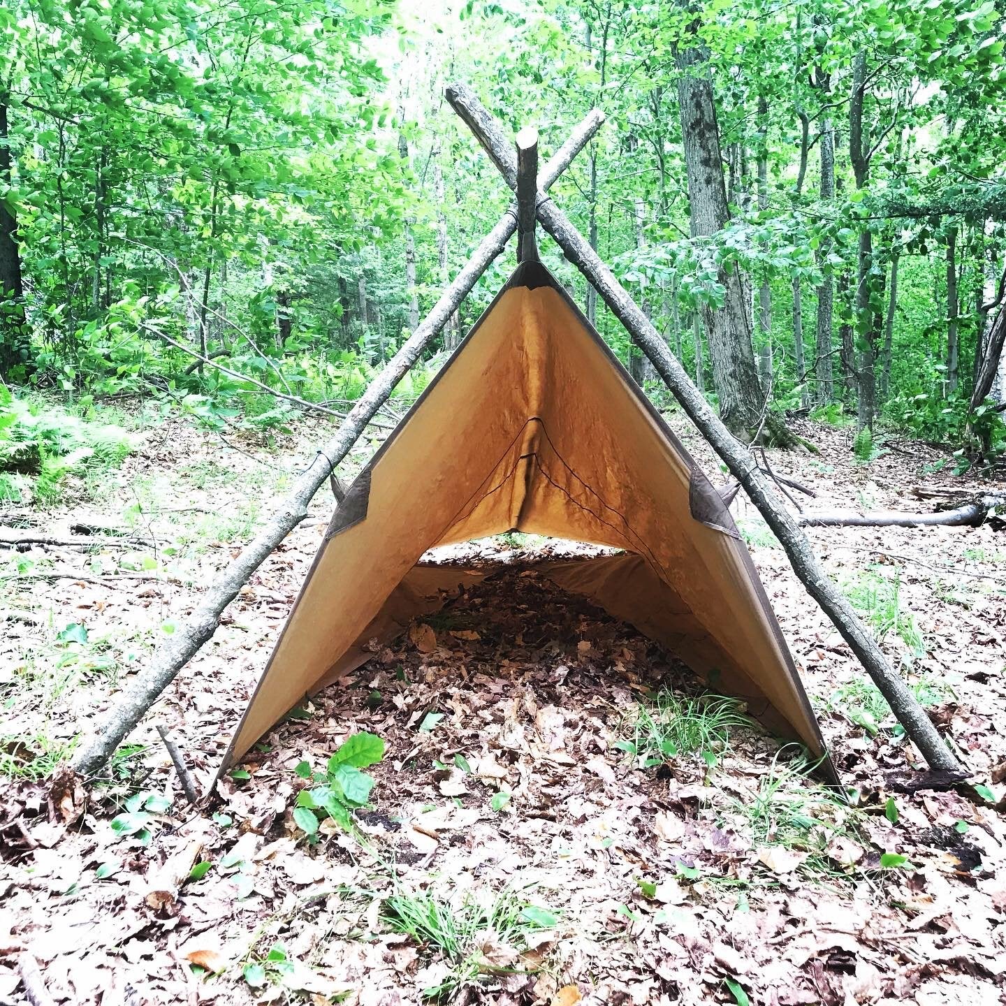 Tentsmiths Oilskin Tarp with Reinforced Center Loop Diamond Tarp Configuration Foresters Tent