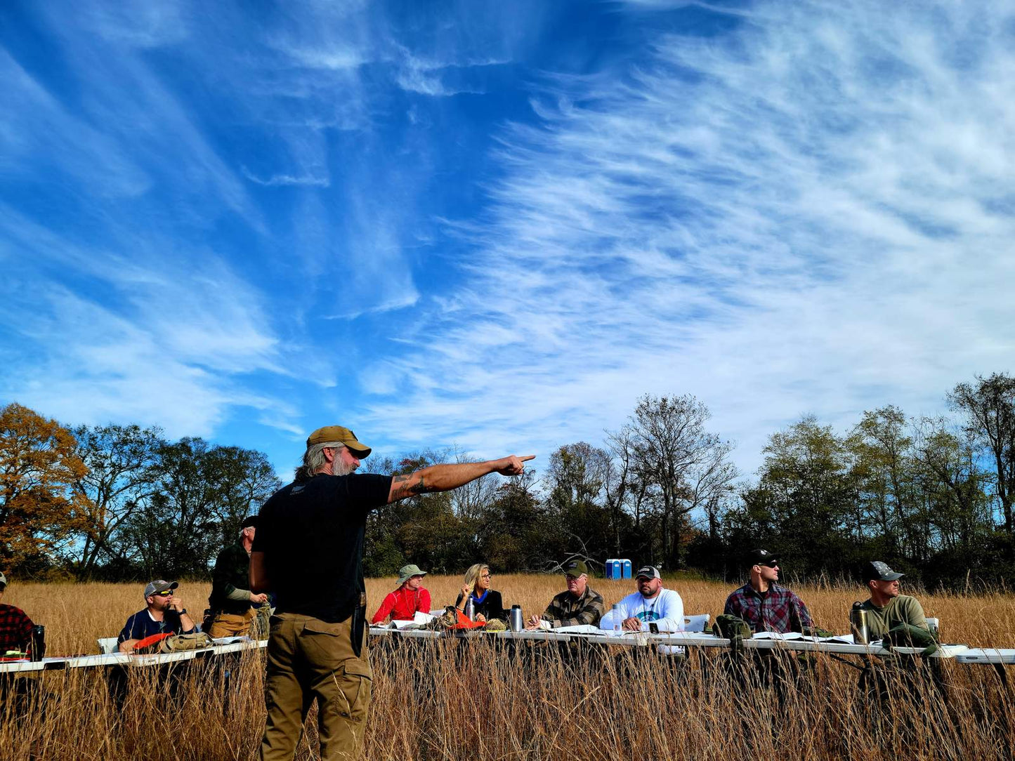 Wilderness Survival Course — Gray Bearded Green Beret Survival School Joshua Enyart Instructing Students Outdoor Classroom Field Session
