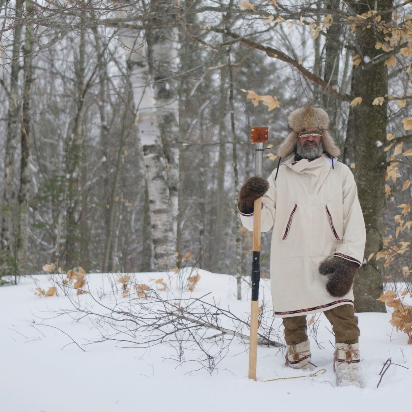 Winter Survival Course - Gray Bearded Green Beret Survival School Traditional Winter Clothing Anorak Mukluk Winter Moccasins Coyote Fur Hat Antler Snow Goggles Beaver Mittens Ice Chisel