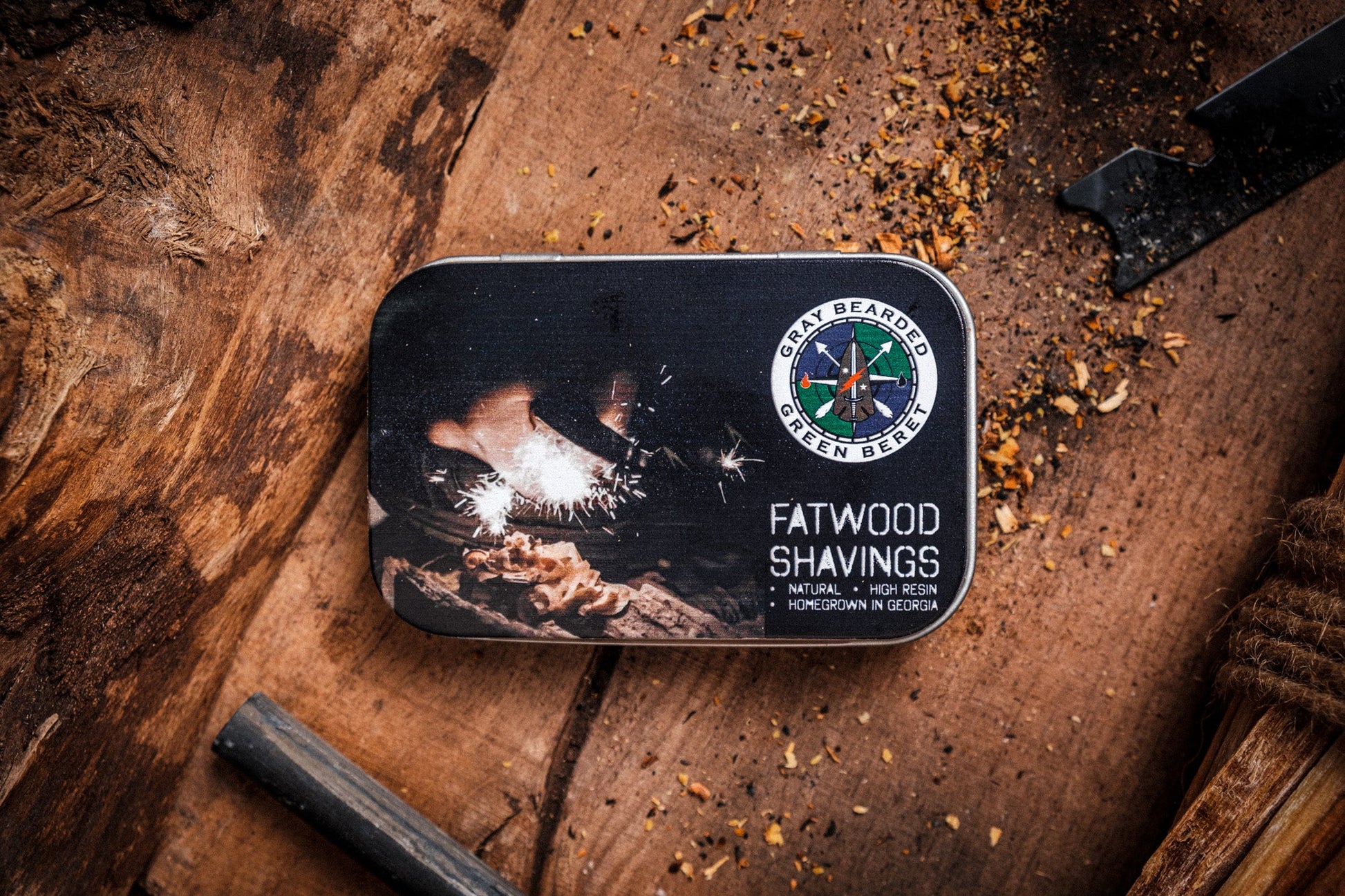 GB2 Fatwood Fire Starter – All-Natural Emergency Tinder in Shavings, Sticks, and Kits Fatwood Shavings in Tin Flat Lay