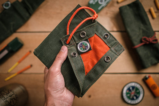 GB2 Waxed Canvas Multipurpose Bushcraft Mat and EDC Travel Tray in hand